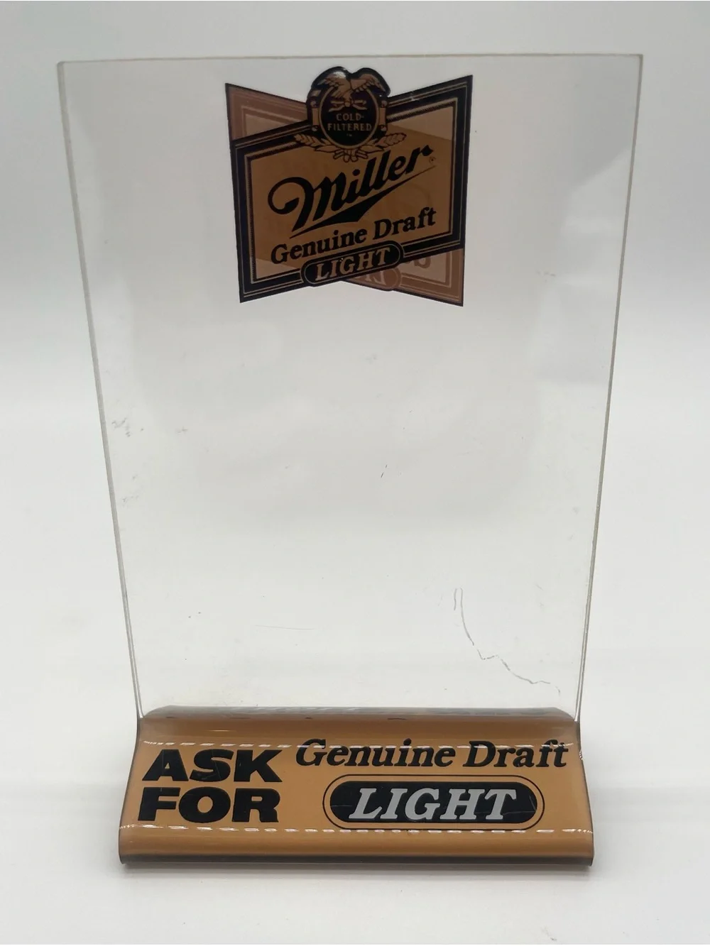Miller Genuine Draft Light Beer Table Tent Menu Bar Display Acrylic Holder Sign